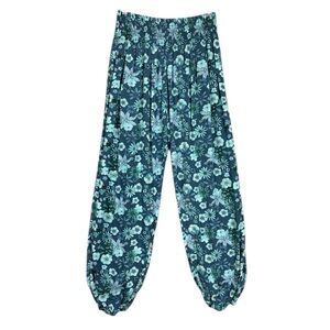 Lotus and Luna Floral Harem Pants Sz M Blue Smocked Waist